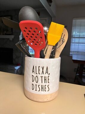 Ceramic Utensil Holder in White and Tan with Playful Lettering